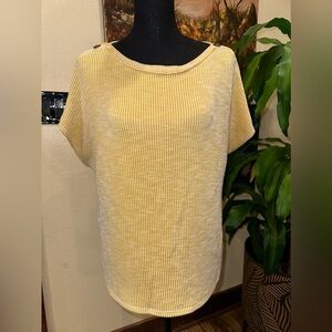 EUC W5 White & Mustard Vertical Stripe Poly Blend Blouse Top  Size Large